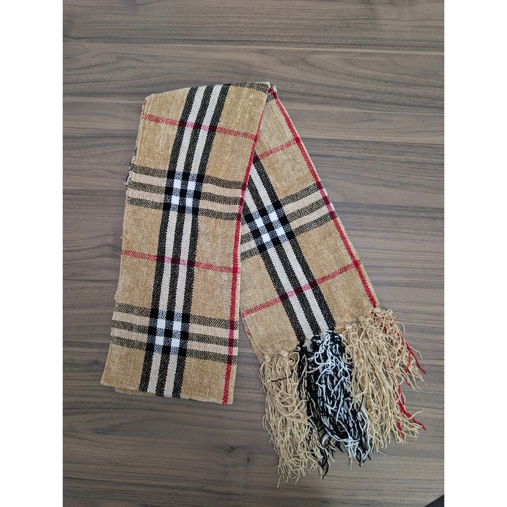 Tan Plaid Scarf Beige Black Red Fringe 100% Viscose Classic Check Unisex